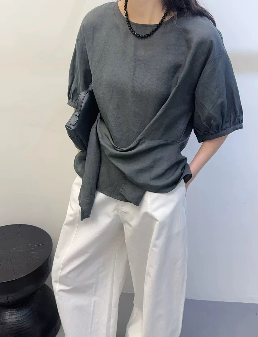 圆领T恤露背常规款速干老钱风刺绣宽松型落肩袖纯色麻的修身型