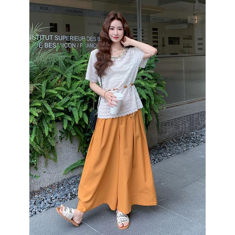 温柔漂亮气质蕾丝镂空上衣套装女2025夏松弛感高腰阔腿裙裤两件套