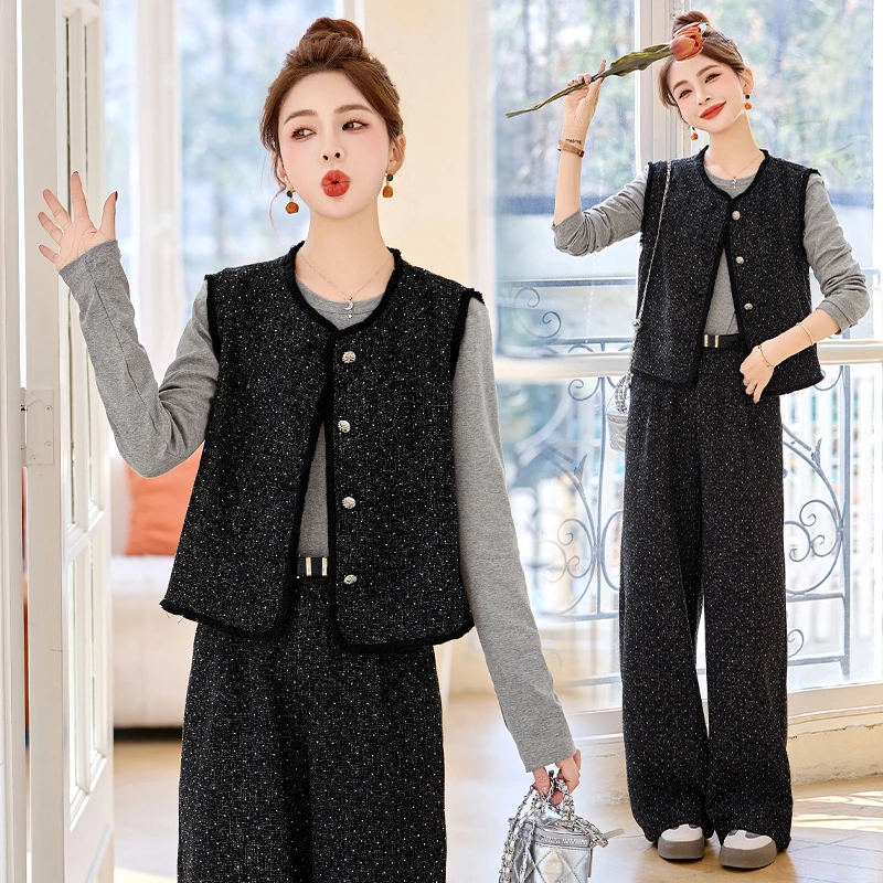 时尚气质套装女秋季2025新款显瘦洋气西装马甲打底衫阔腿裤三件套