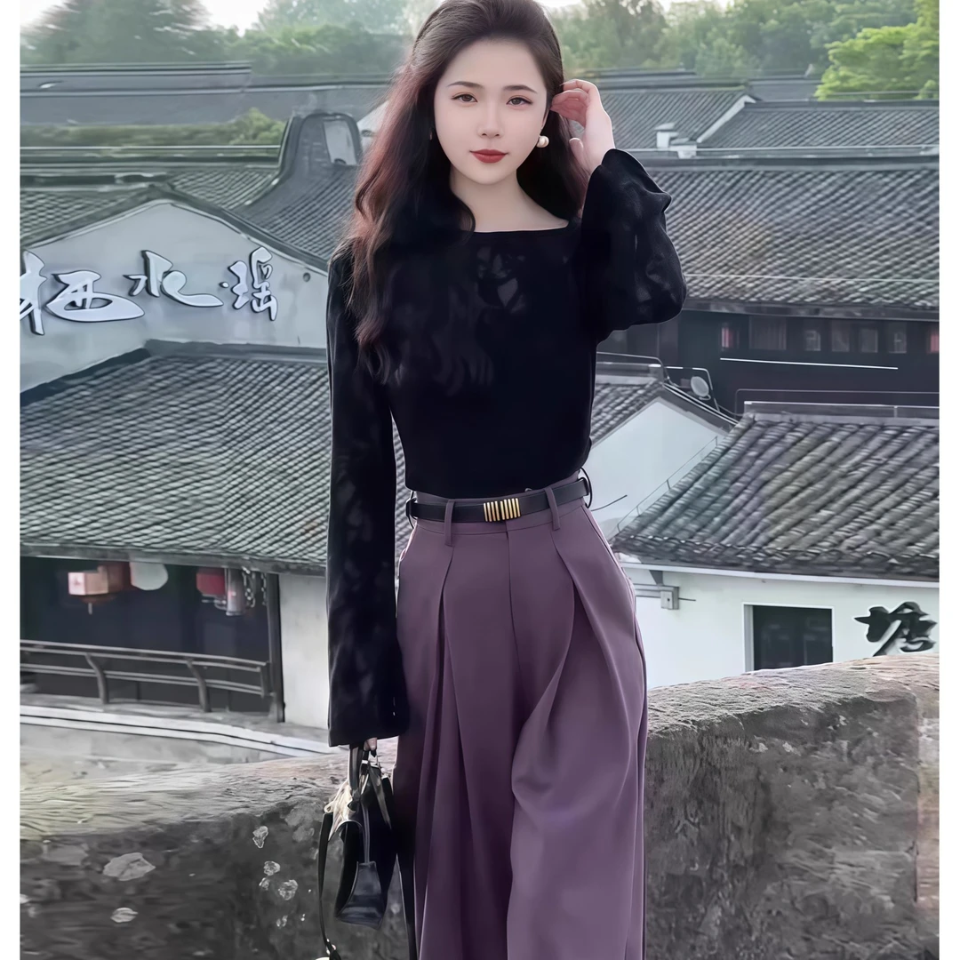 一整套早秋穿搭2025设计感气质修身复古长袖衬衫阔腿裤两件套装女