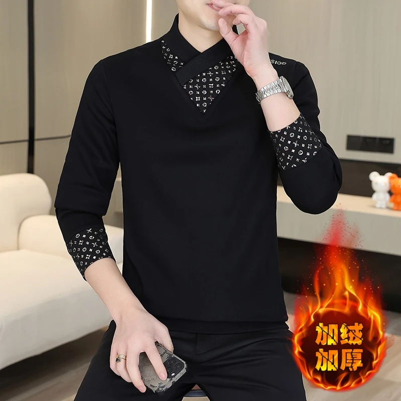 高档半高V领加绒加厚卫衣男士秋冬款保暖时尚打底衫品质男装L082