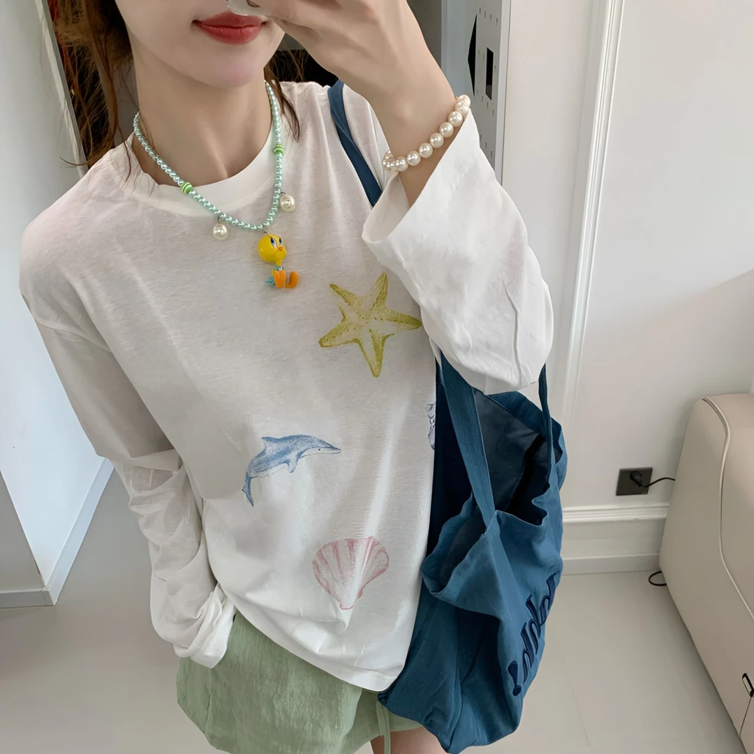 夏季轻薄白色海星印花圆领长袖T恤女空调衫慵懒风防晒罩衫透气衣