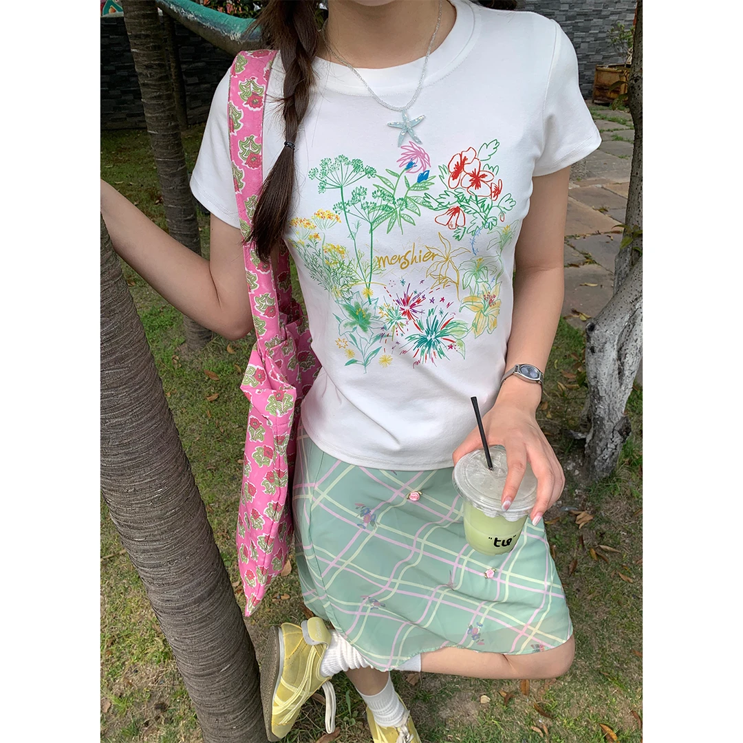 NIDEBLACK韩系少女手绘花朵印花正肩短袖T恤夏季修身百搭女短袖