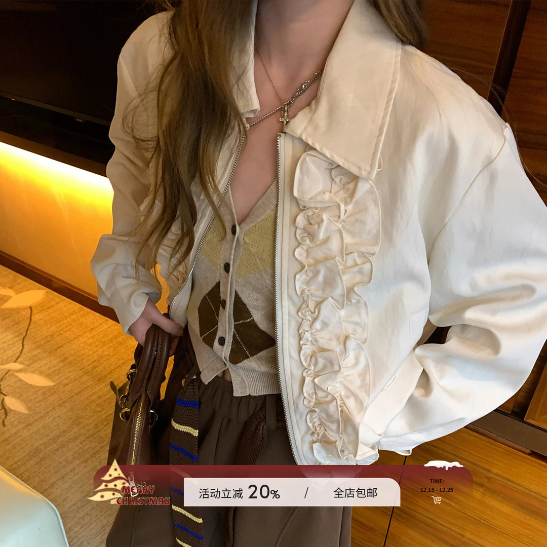 【清仓特惠】Anneshop[柔汀序曲]韩系木耳边翻领外套女设计感小众拉