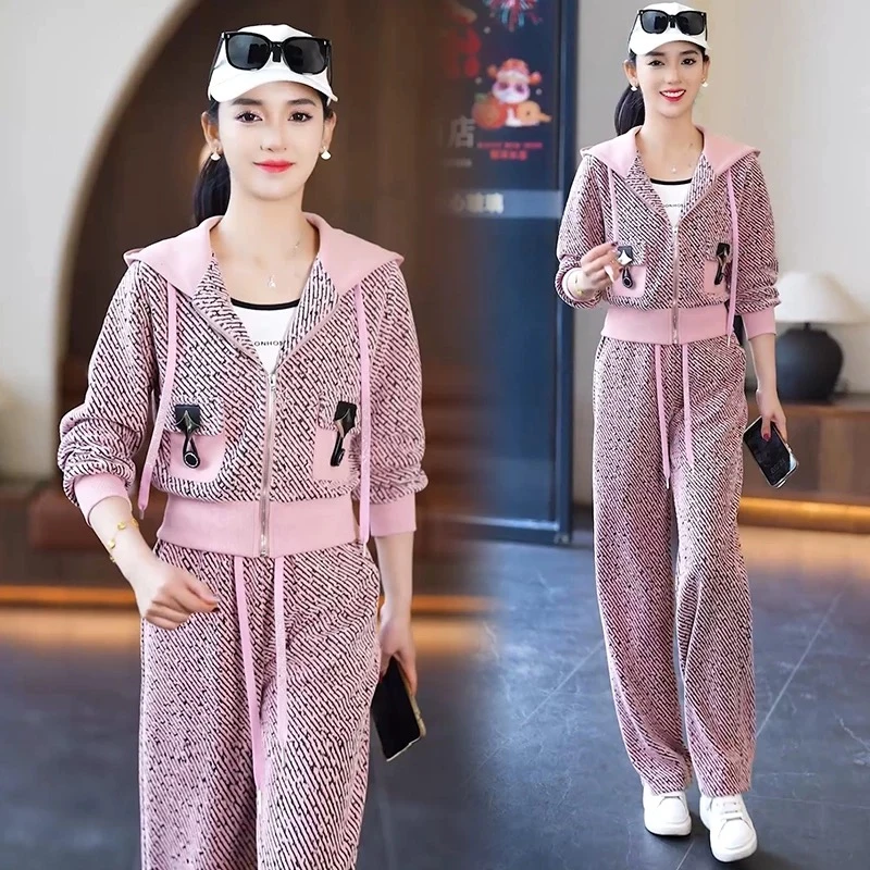 休闲运动套装女2025春季新款时髦洋气显瘦连帽开衫阔腿裤两件套潮