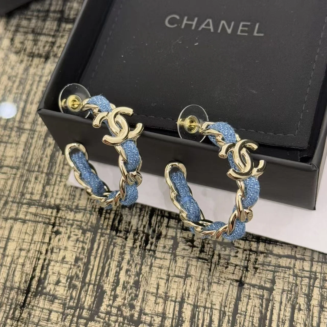 全新未使用 Chanel/香奈儿 25P蓝色丹宁牛仔圆圈双C 耳钉 耳环