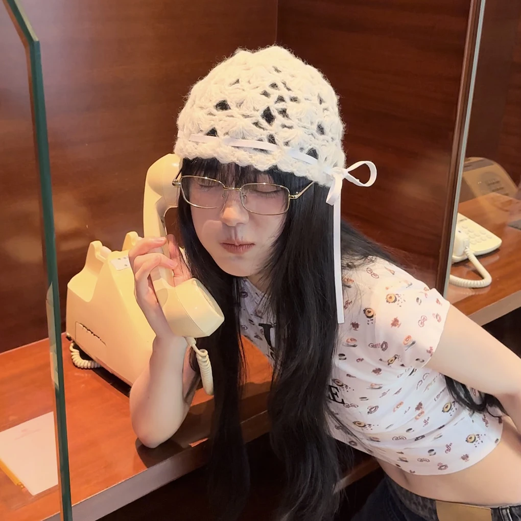 韩国ins小众蝴蝶结钩花镂空毛茸包头帽女针织帽时尚百搭手工帽