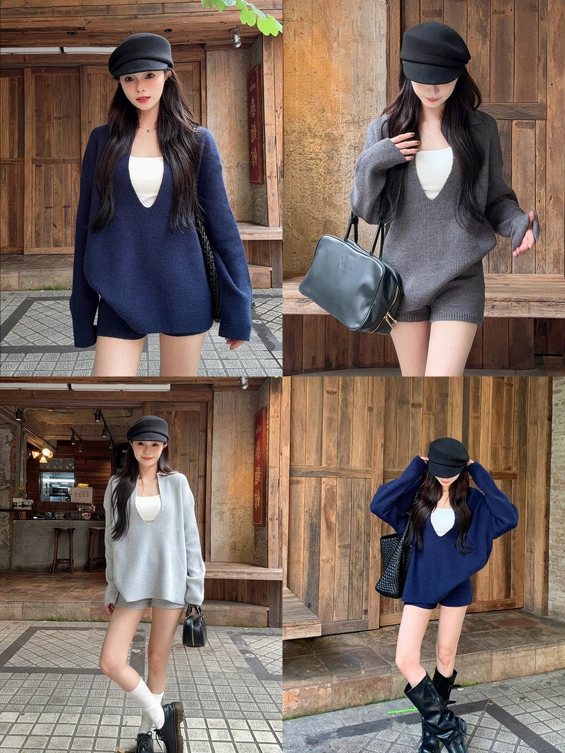 秋季百搭显瘦松弛感大V领坑条针织衫短裤休闲套装女毛衣两件套
