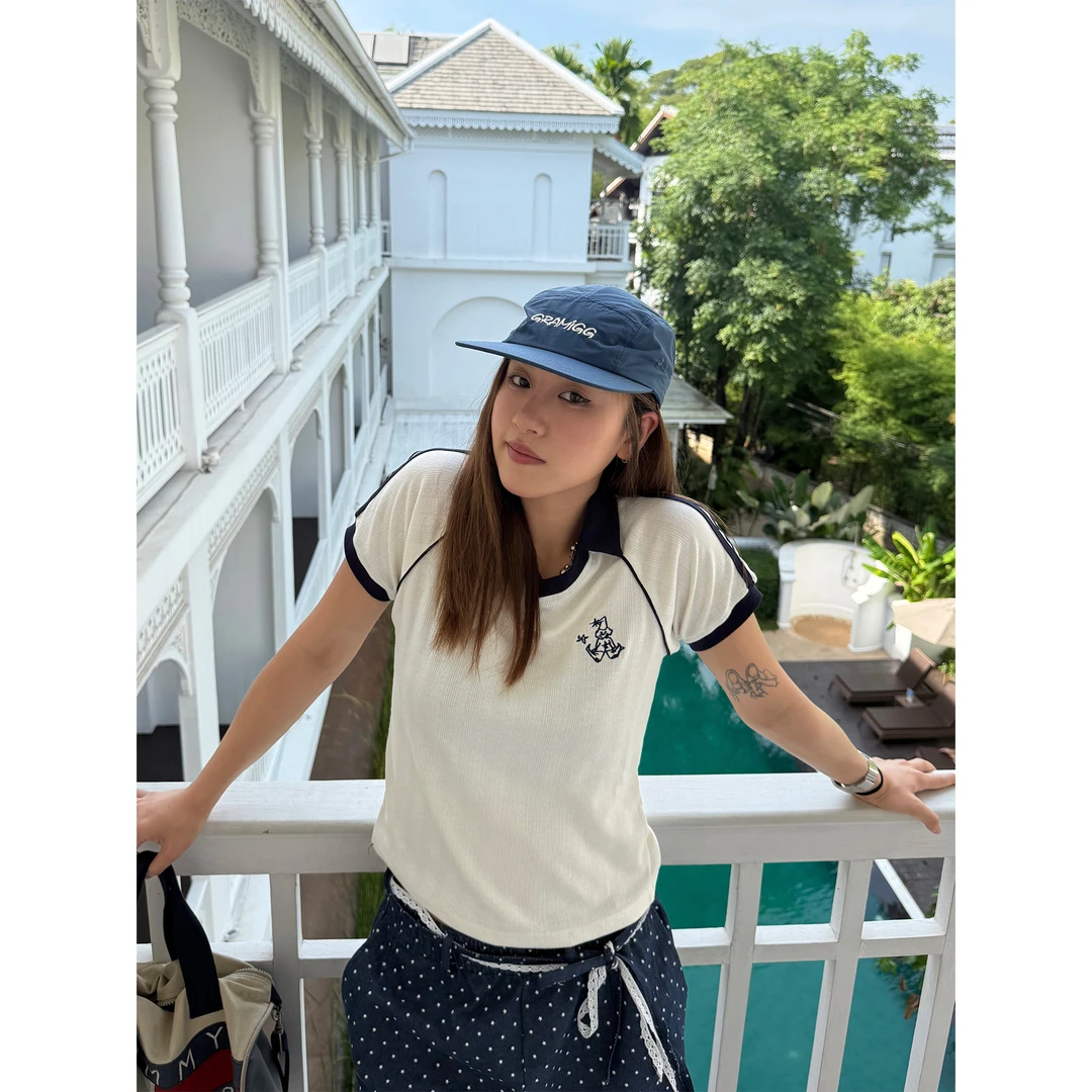 川川也美式复古V领针织短袖休闲街头辣妹设计polot恤套头上衣夏