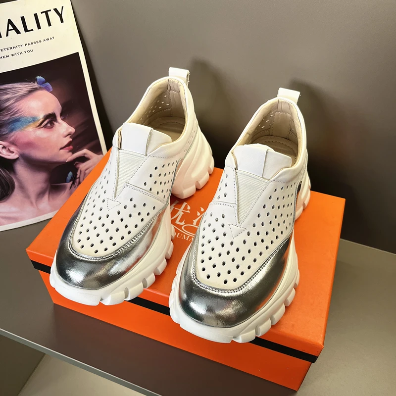 6CM真皮镂空轻奢鞋子小众百搭厚底鞋女款2025新款爆款夏季透气