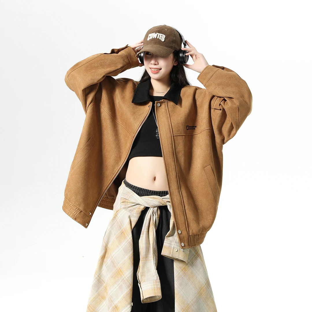 MANRE SHOW美式复古仿麂皮夹克男秋季宽松潮流休闲翻领工装外套