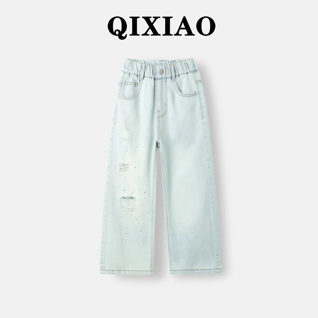 女童牛仔裤夏季薄款2025新款亮钻破洞款休闲中大童百搭直筒裤A042