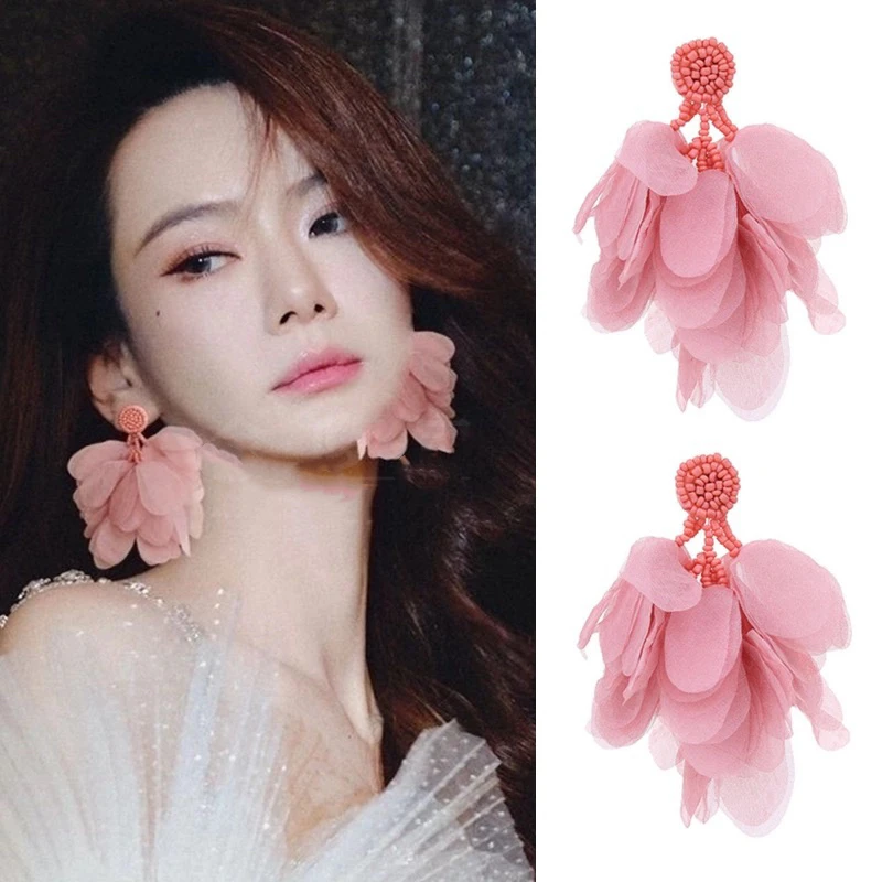 非金属布艺耳饰 品质款/戚薇同款耳环粉色花朵夸张旅游度假耳钉女