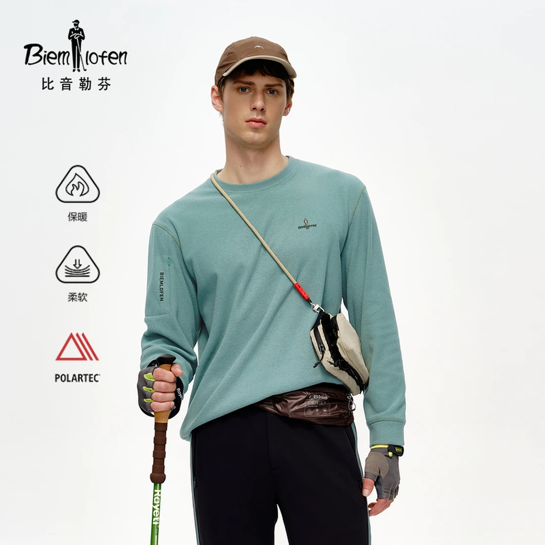 【POLARTEC抓绒新科技】比音勒芬2025秋季新款休闲圆领长袖T恤男