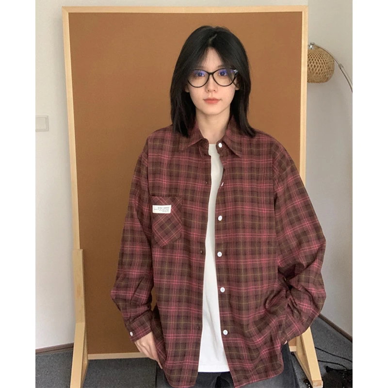 磨毛格子衬衫男长袖秋季格纹垂感衬衣慵懒风外套情侣装男女同款