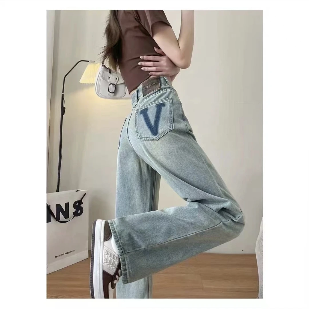 窄版V字直筒2025牛仔裤春夏季百搭设阔腿裤 [v701#]