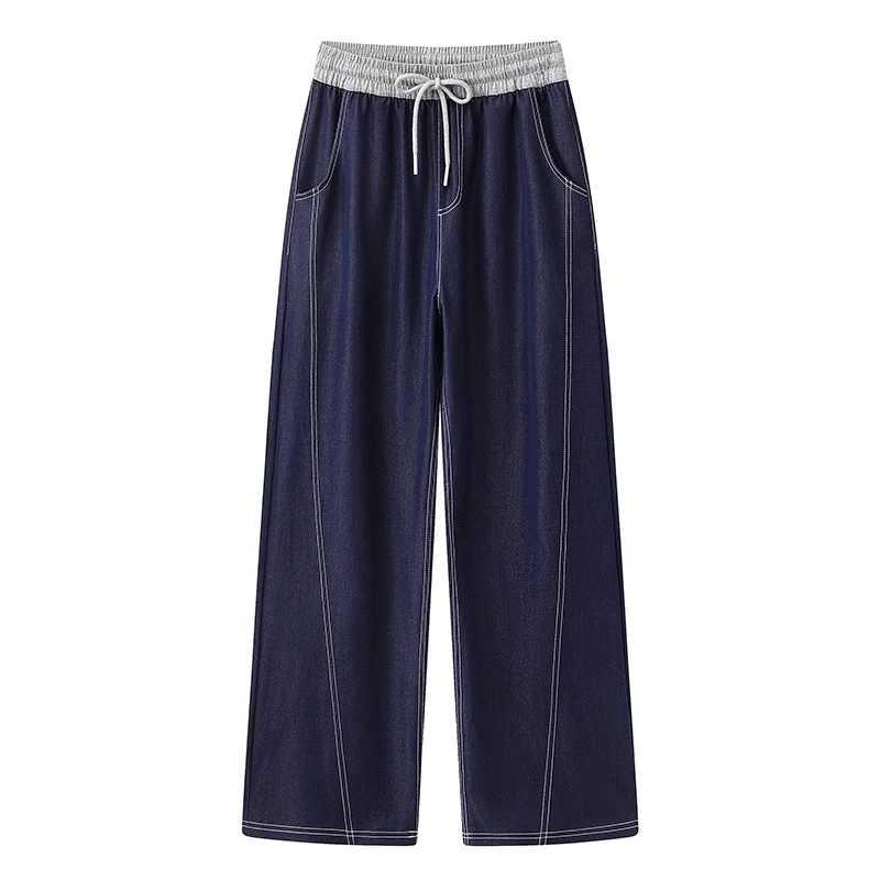 2025新款轻奢藏蓝色牛仔裤显瘦窄版阔腿裤直筒弯刀裤长裤洋气夏装