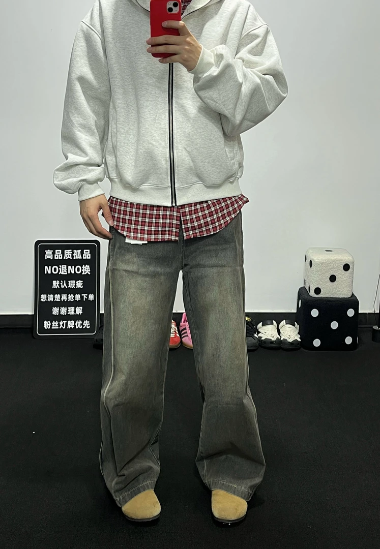 LW-5390美式做旧水洗脏染设计怀旧黑直筒裤