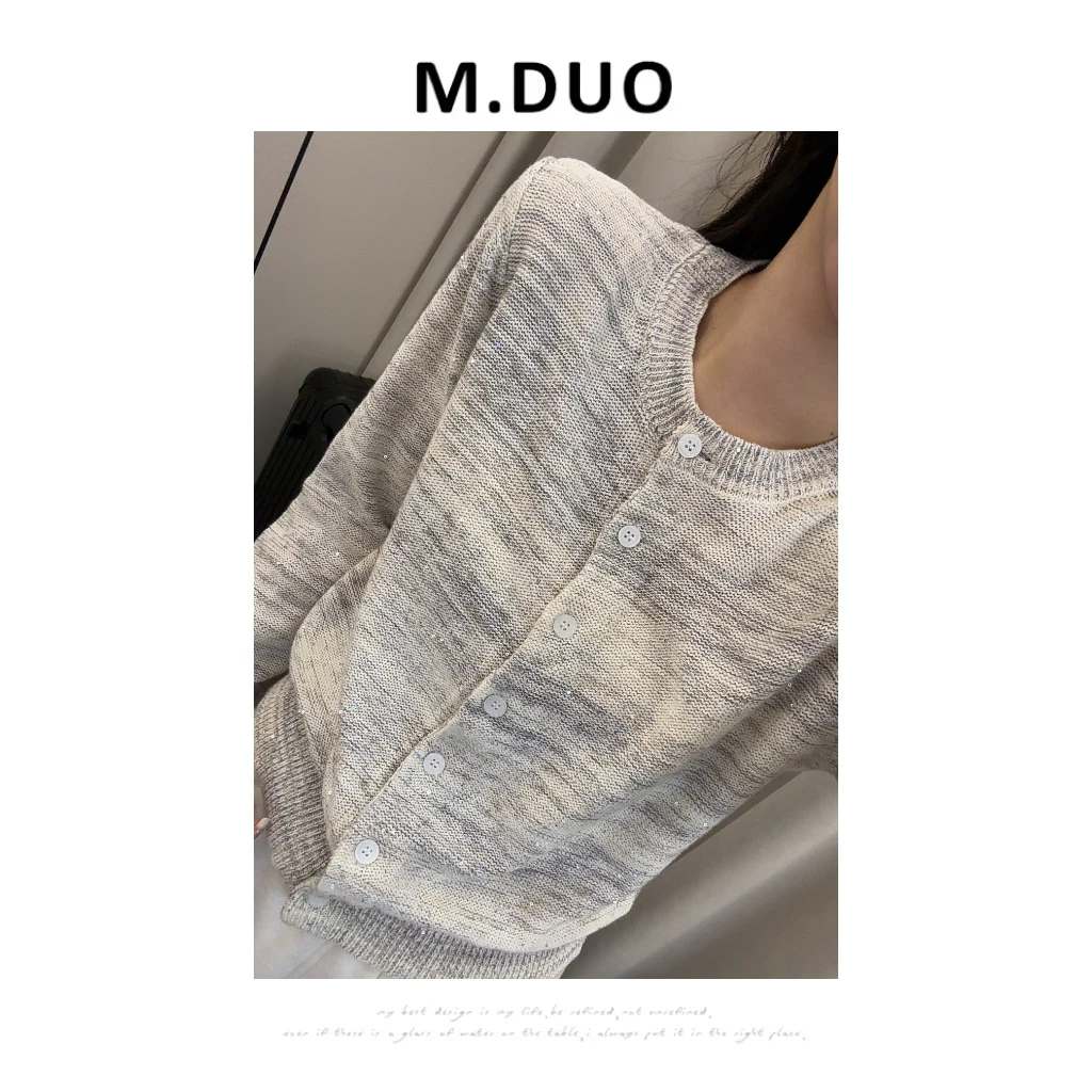 M.DUO（深圳货）亚麻丝光棉色纺短款修身长袖亮片针织开衫3520