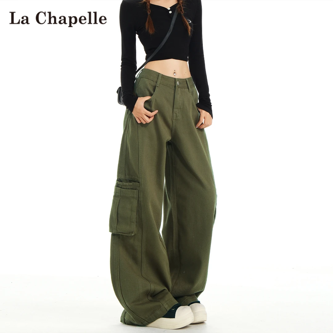 拉夏贝尔美式军绿色工装牛仔裤女秋季爆款高腰宽松香蕉弯刀阔腿裤