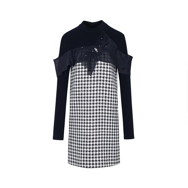 【诗语专属】商场同款新品拼接假两件蝴蝶结连衣裙N1911B34063