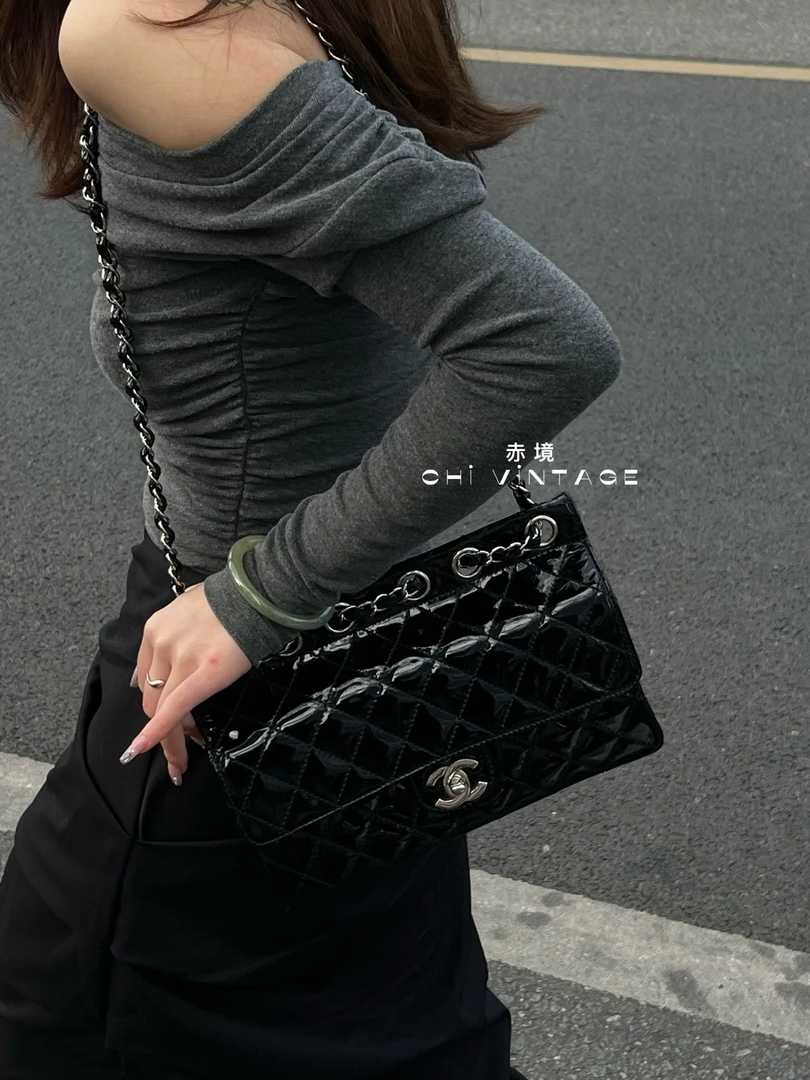 95新 Chanel/香奈儿 7876 黑银漆皮牛奶盒子单肩包05-06