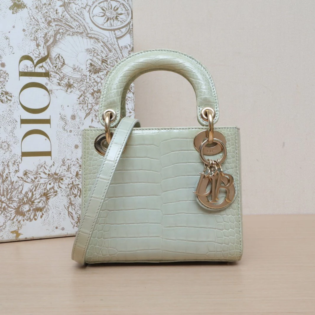 95新 DIOR/迪奥 【黑黑】戴妃包 三格 绿色 鳄鱼皮 金扣