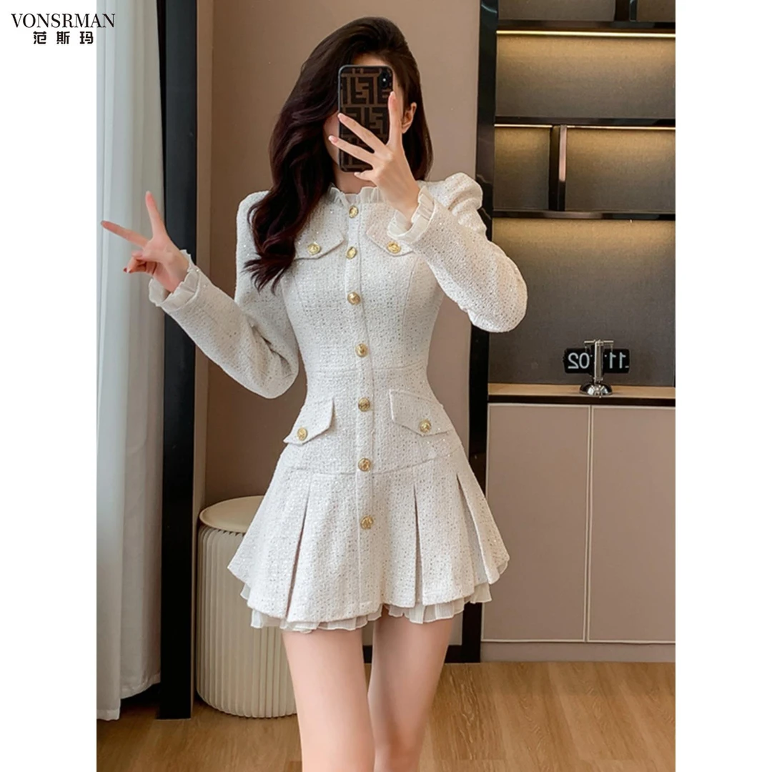 高级感名媛小香风气质百褶裙子2025秋冬新款收腰显瘦泡泡袖连衣裙