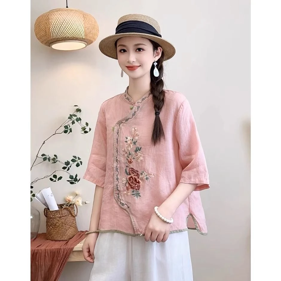 复古中国风刺绣棉麻衬衫女夏淑女气质新中式禅意茶服上衣棉麻小衫
