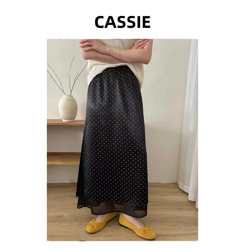 CASSIE新款复古波点裙黑色中长高腰松紧腰A字半身裙春夏气质穿搭