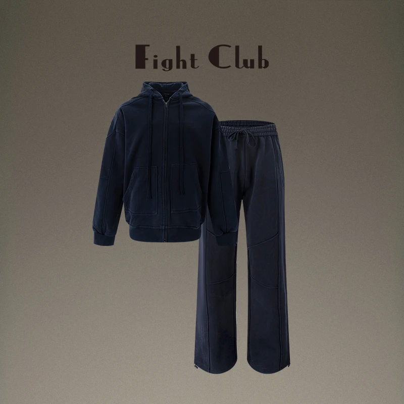 Fight Club 春季重磅纯棉双拉链慵懒风藏青色休闲百搭连帽套装