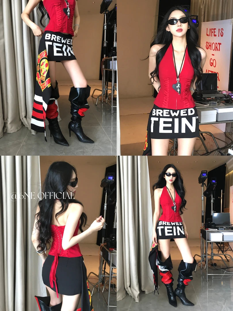 6NE 美式辣妹时尚套装女性感显瘦短款挂脖背心+短裙两件套设计感