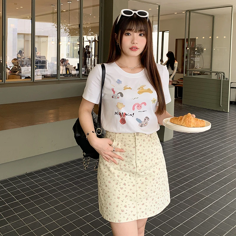 清新减龄高腰包臀碎花半身裙女夏微胖mm大码显瘦A字百搭短裙62868