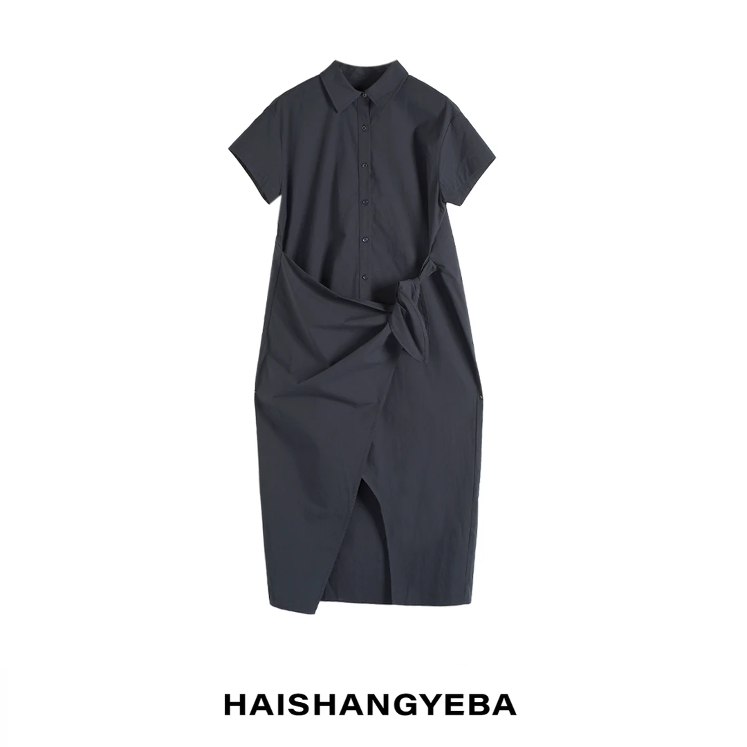 【海上叶爸】新款2025夏季百搭棉翻领宽松休闲绑带长款连衣裙