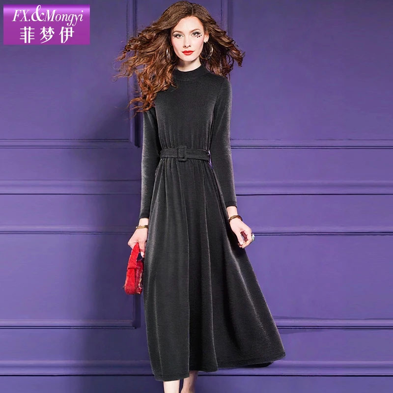 菲梦伊灰色植绒连衣裙女春装法式复古收腰气质中长裙子FXDL914