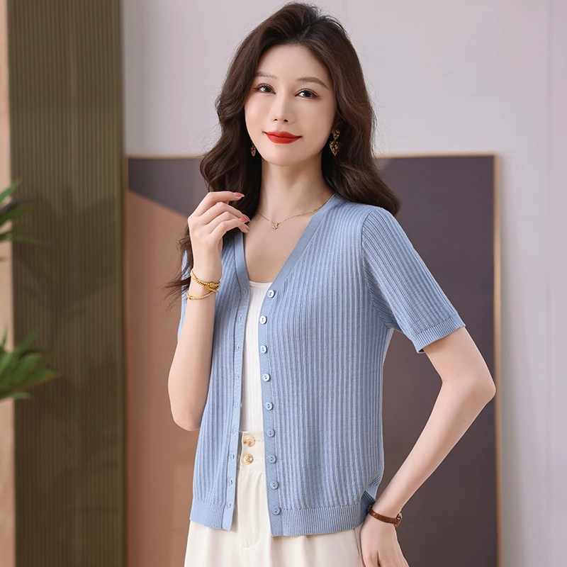 允山黛2025夏季显瘦开衫短袖T恤衫气质新款洋气时尚薄款女士小衫