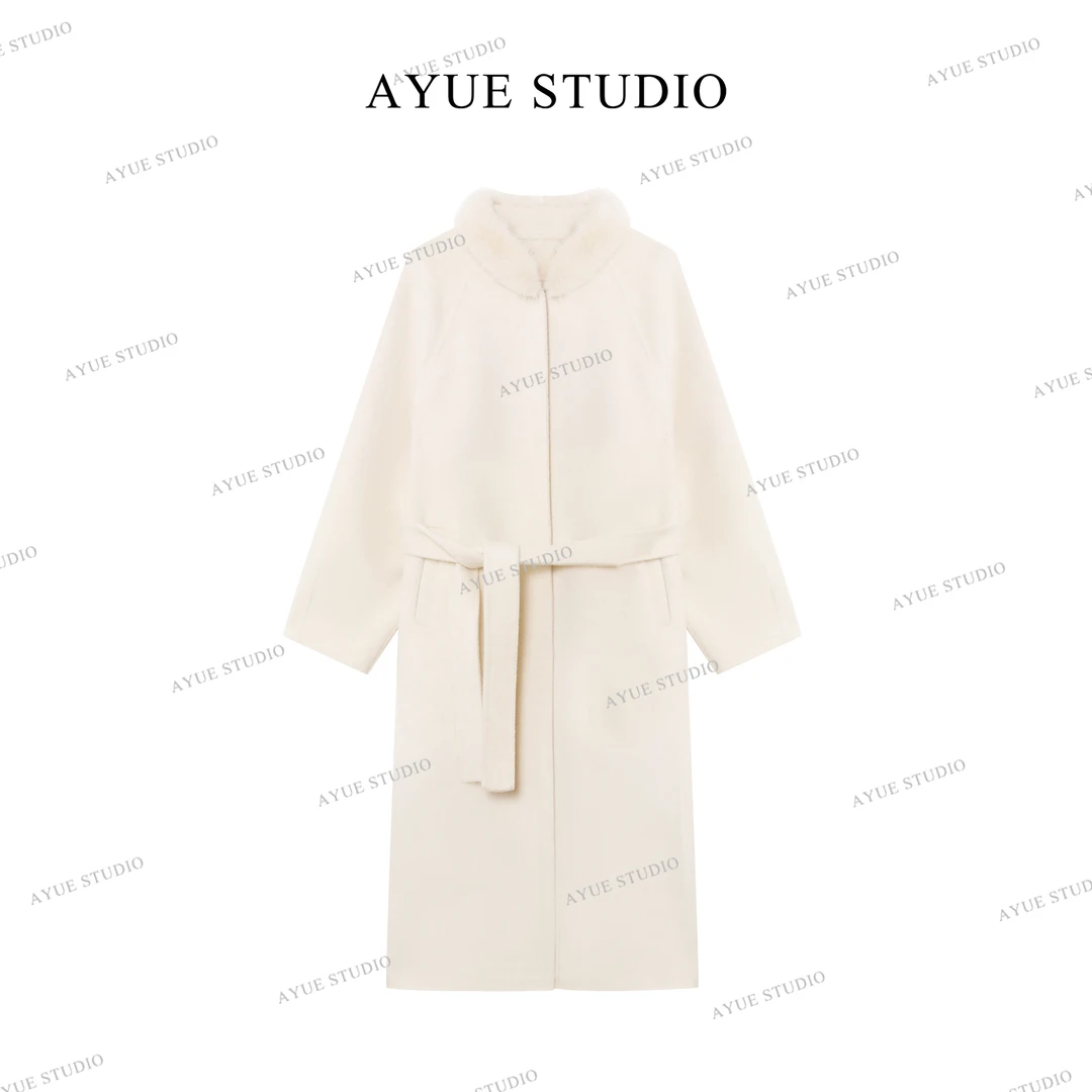 AYUE「香榭丽舍」 100%进口水貂毛领贵气格调100%羊毛大衣2081
