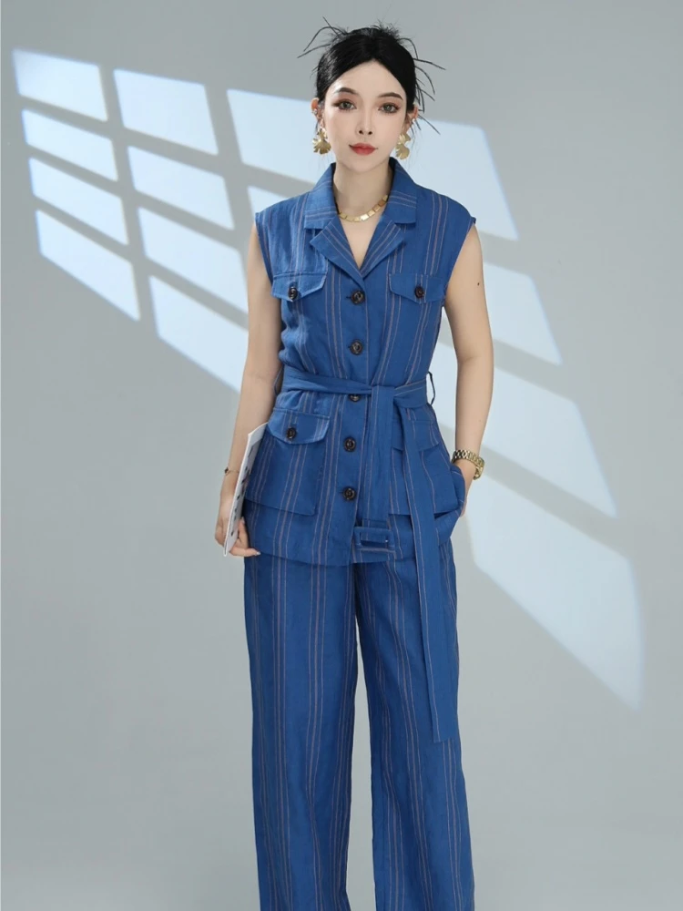 老钱风贵气感御姐穿搭气质通勤蓝色条纹马甲阔腿裤气质套装女夏季