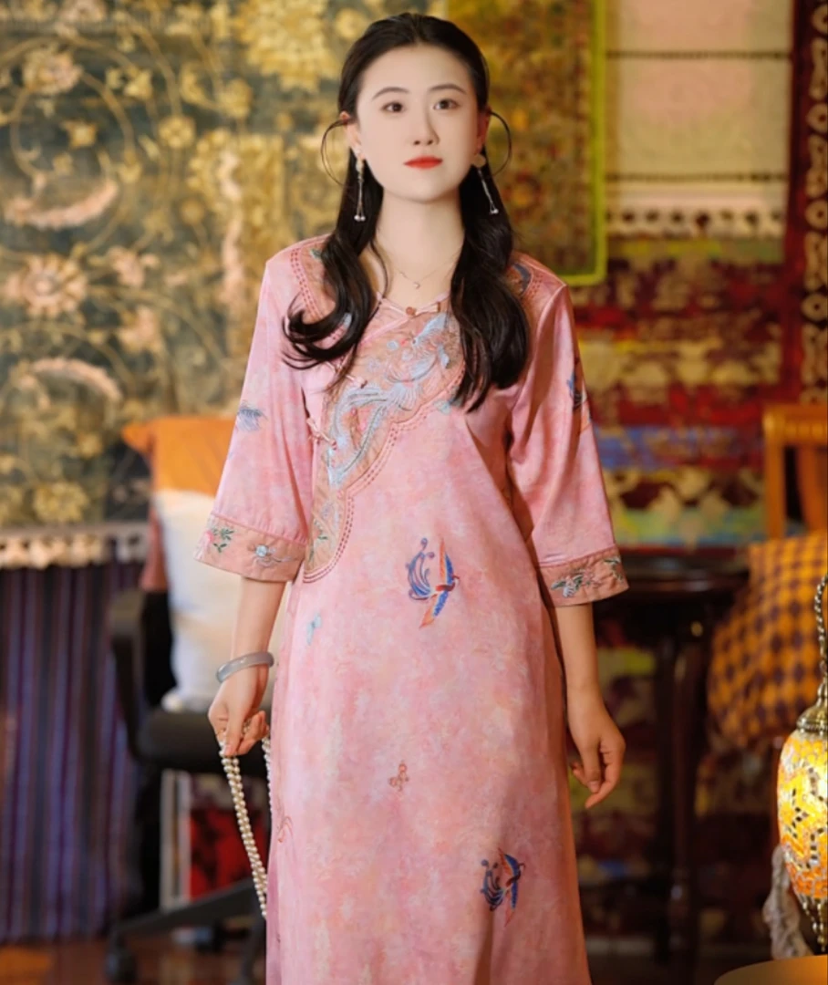 (雪媚娘）新中式重工刺绣重缎桑蚕丝原版正版气质盘扣连衣裙