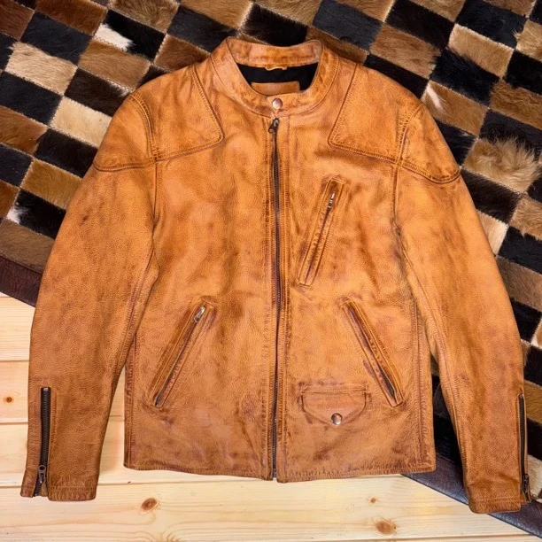 毒液同款复古橙黄色油蜡牛皮立领机车骑行夹克