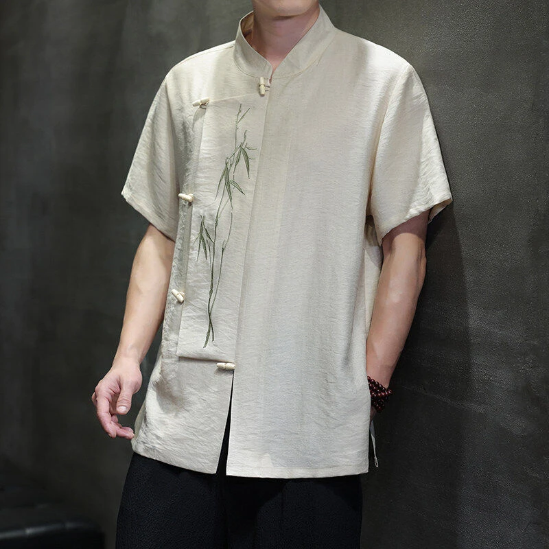 中国风翠竹刺绣透气冰感衬衫男短袖新中式斜襟木头扣设计垂感衬衣