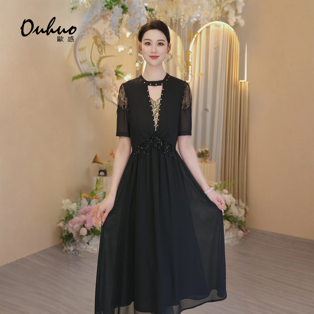 【木木定制】2025年夏季新款轻奢高贵气质黑色宴会连衣裙OHDRI05124