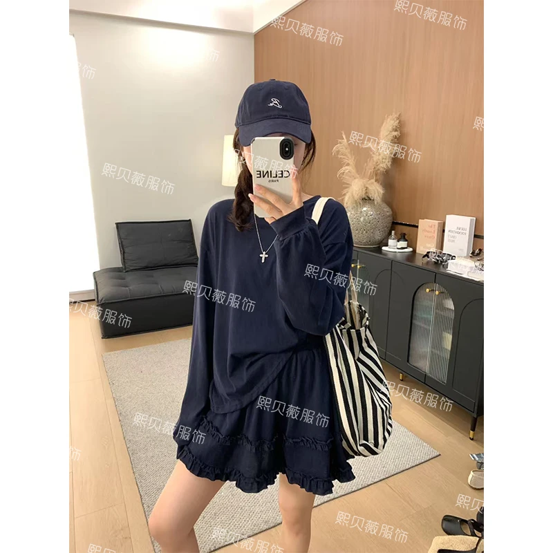 熙贝薇【实穿派】欧货慵懒风大版T新款木耳边蛋糕裙防晒套装 G7605