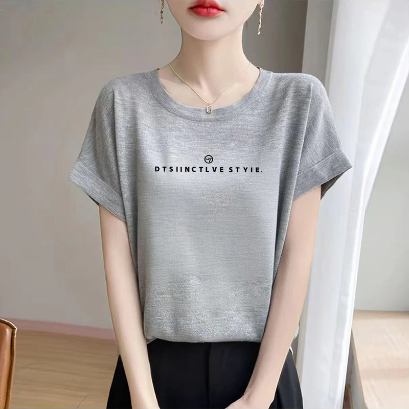 夏季正肩雪花棉短袖t恤女士小众洋气休闲上衣大码宽松显瘦体恤衫