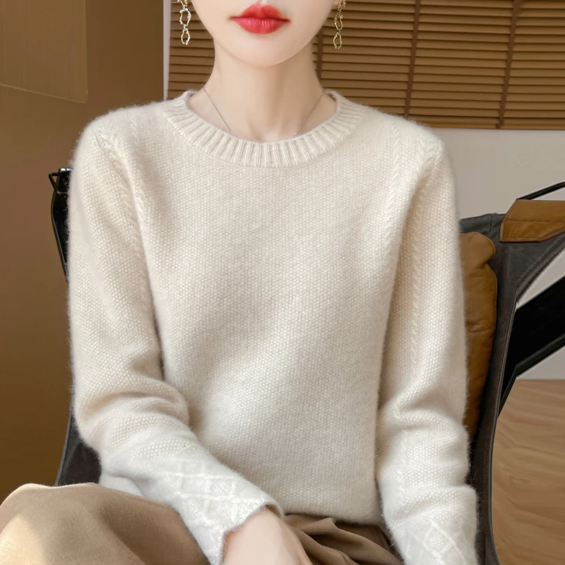 100%纯羊毛衫女套头圆领毛衣加厚宽松桂花针羊绒针织打底衫