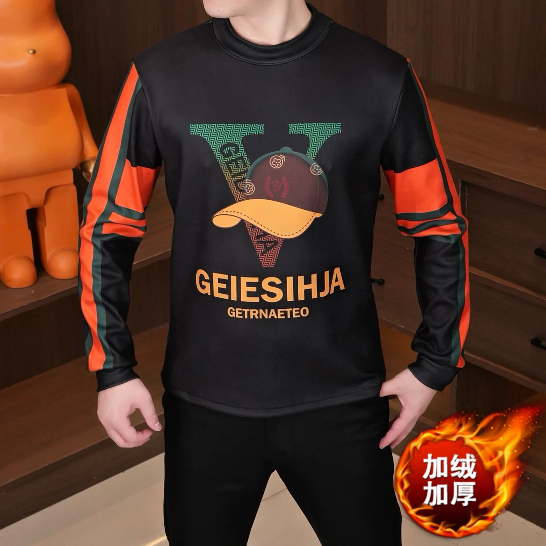 新款加绒加厚男士长袖百搭上衣卫衣圆领冬季休闲时尚套头印花