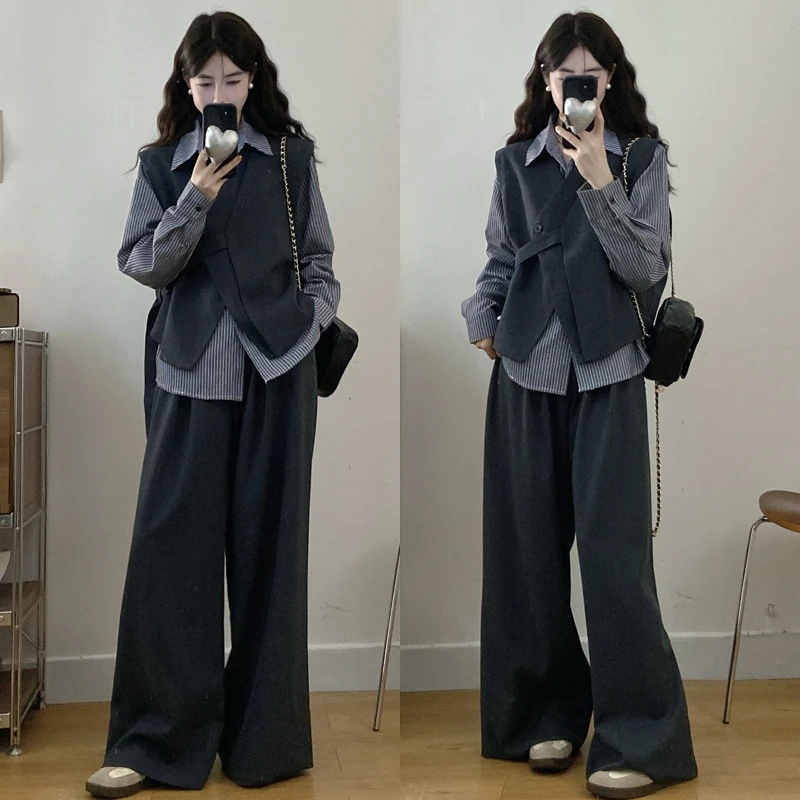 大码胖mm女装高级感休闲西装韩系收腰马甲条纹衬衫阔腿裤三件套装