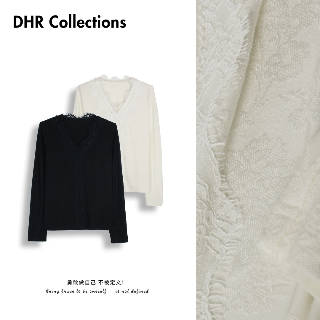 DHR COLLECTTIONS豆豆 2025春季V领蕾丝长袖T打底衫女-D967