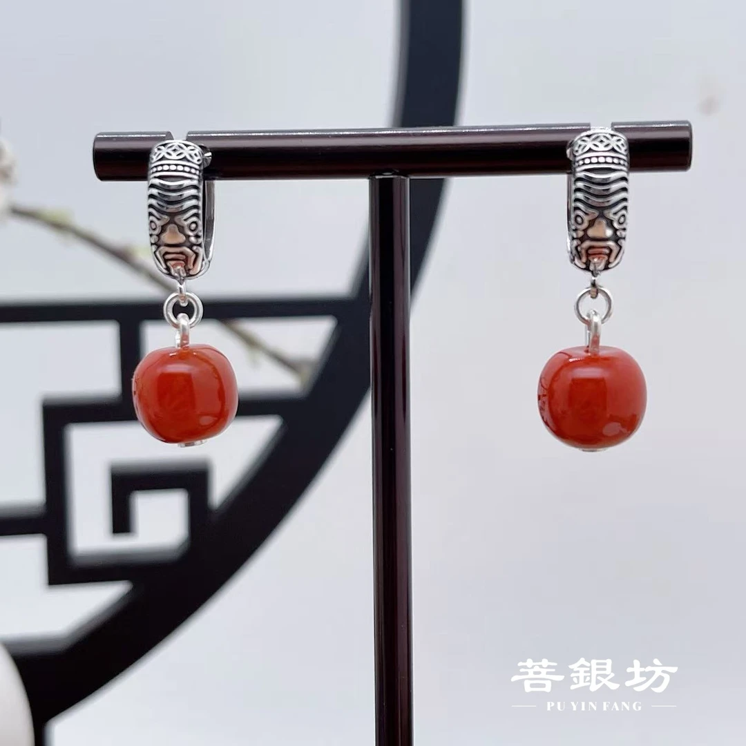 【菩银坊】925银扎基拉姆南红苹果珠耳环，199，珠子11+，耳圈直径14.9