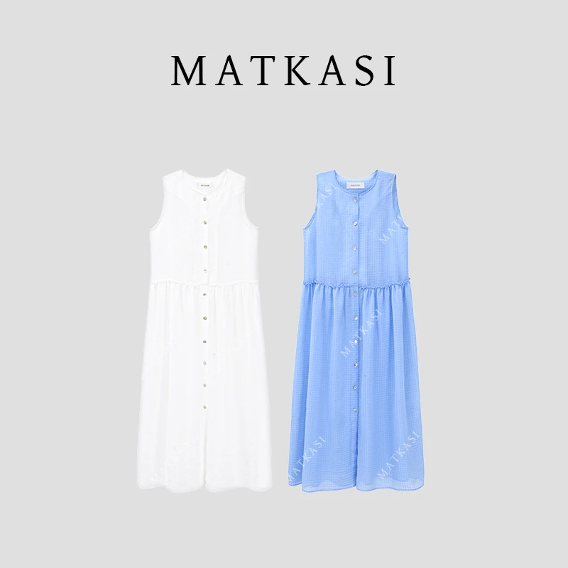 MATKASI 花边领透气舒适感时尚气质日常穿搭格纹无袖连衣裙
